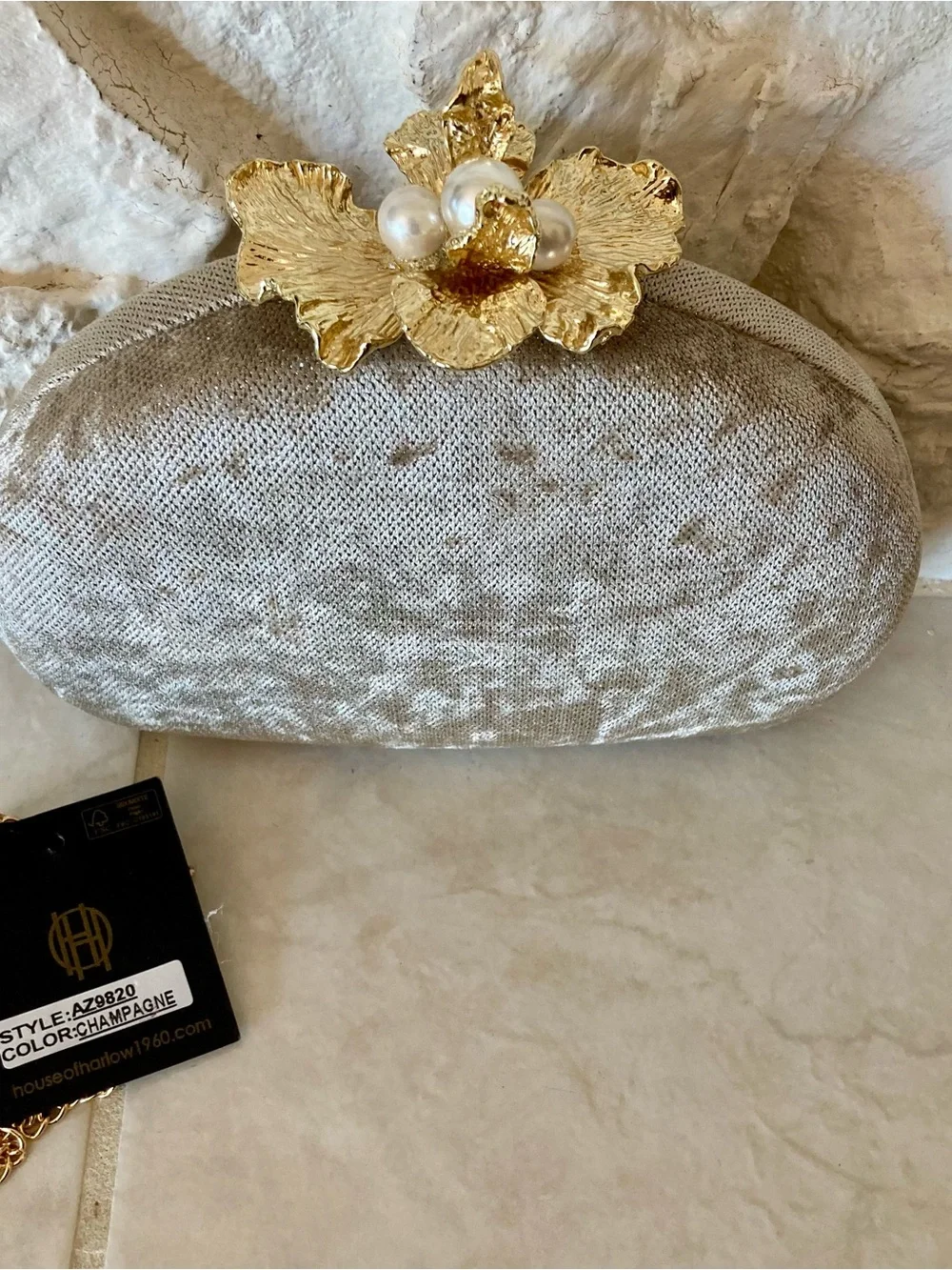 NWT House of Harlow 1960 Champagne Velvet Clutch with Gold Pearl Flower